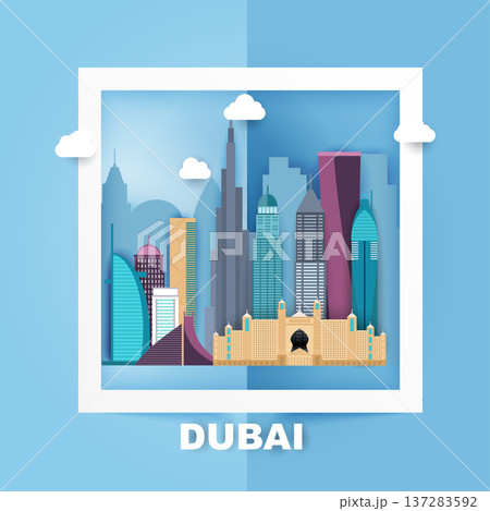 Dubai. Skyline and vector landscape of buildings and famous landmarks. Paper Style. Vector illustration. 137283592