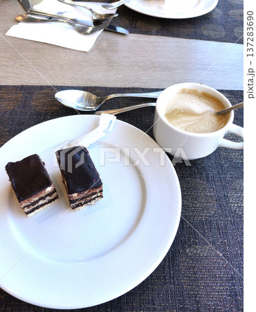 Cup of cappuccino and pieces of chocolate cake on plate 137283690