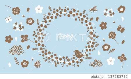 春の花リース背景イラスト（ナチュラルフレーム）横長 137283752