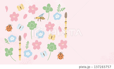 春の花と昆虫のイラスト（左寄せデザイン）横長 137283757