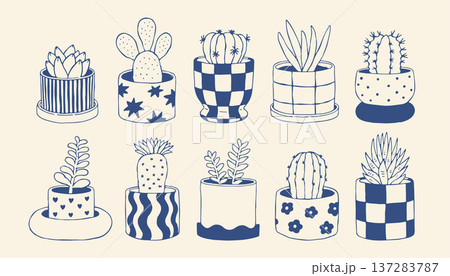 Hand drawn cactus and succulent plants in patterned pots in minimalist blue line style. Trendy botanical vector set ideal for home decor, packaging, branding and modern interior design 137283787