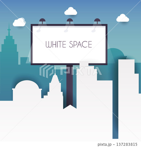 Billboard with copy space text standing high over large city street skyscrapers buildings. Flat design modern vector illustration concept. 137283815