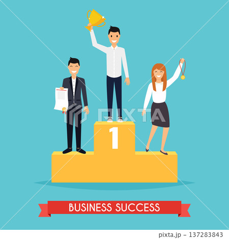 Businessman and businesswoman character standing in a podium holding up a trophy as he celebrates his victory. Businessman and businesswoman character standing in a podium holding up a trophy as he celebrates his victory. 137283843