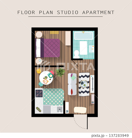 Detailed apartment furniture overhead top view. Studio Apartment With One Bedroom. Flat style vector illustration. Detailed apartment furniture overhead top view. Studio Apartment With One Bedroom. Flat style vector illustration. 137283949