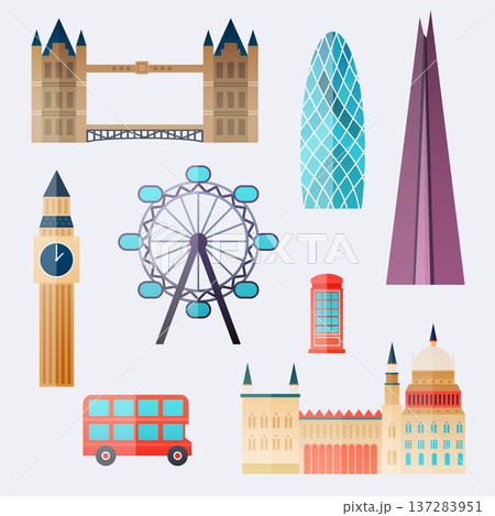 London. Travel  buildings and famous landmarks. Big Ben, bridge, double decker and telephone. Vector illustration. 137283951