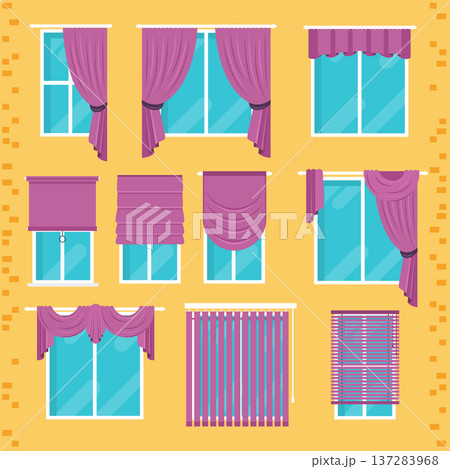 Collection of various window treatments: curtains, drapery, shades, blinds. Flat design modern vector illustration Collection of various window treatments: curtains, drapery, shades, blinds. Flat design modern vector illustration 137283968