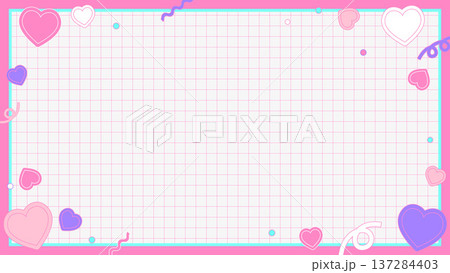ハートと図形が可愛い淡いピンク系レトロポップグリッドフレーム背景 ハートと図形が可愛い淡いピンク系レトロポップグリッドフレーム背景 137284403