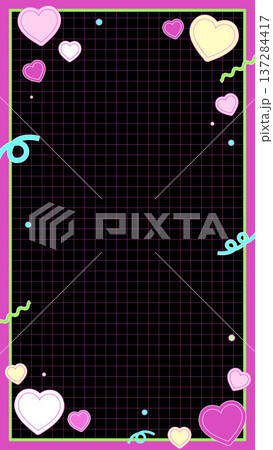 縦長サイズでハートと図形が可愛いビビッドピンク系レトロポップグリッドフレーム黒背景 137284417