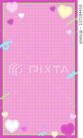 縦長サイズでハートと図形が可愛いビビッドピンク系レトロポップグリッドフレーム背景 137284418