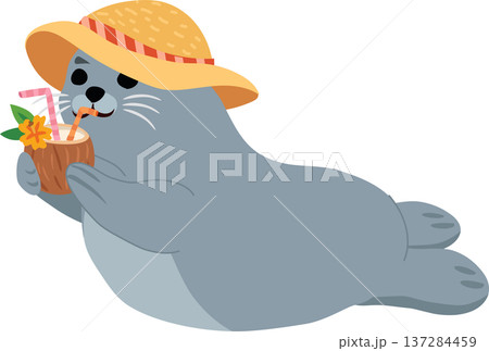 Adorable seal character lying on a beach and enjoying a coconut drink under a straw hat in a tropical summer Adorable seal character lying on a beach and enjoying a coconut drink under a straw hat in a tropical summer 137284459