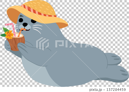 Adorable seal character lying on a beach and enjoying a coconut drink under a straw hat in a tropical summer Adorable seal character lying on a beach and enjoying a coconut drink under a straw hat in a tropical summer 137284459