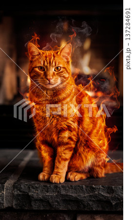 Majestic Ginger Cat Engulfed in Magical Flames Near Cozy Fireplace 137284691