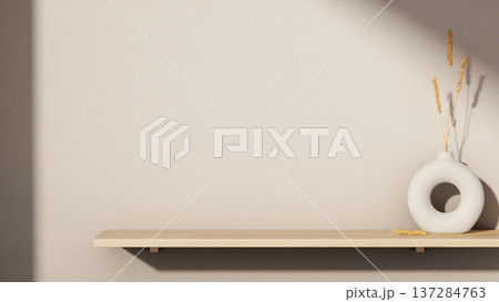 White ring shaped flower vase on floated hanging wooden shelf with sunlight shining on plain wall. White ring shaped flower vase on floated hanging wooden shelf with sunlight shining on plain wall. 137284763
