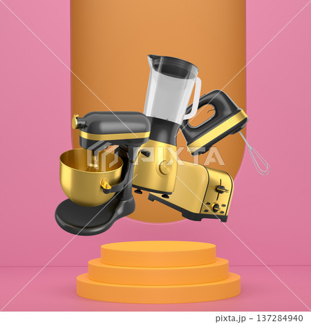 Assorted kitchen appliances including blender, toaster, kettle and coffee maker over podium on abstract background Assorted kitchen appliances including blender, toaster, kettle and coffee maker over podium on abstract background 137284940