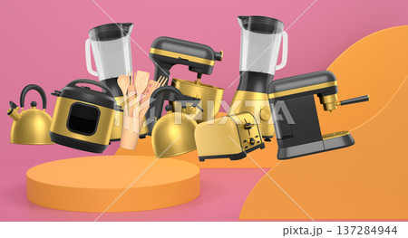 Set of kitchen appliances and utensils floating in mid-air over podium and abstract background, modern cooking concepts Set of kitchen appliances and utensils floating in mid-air over podium and abstract background, modern cooking concepts 137284944