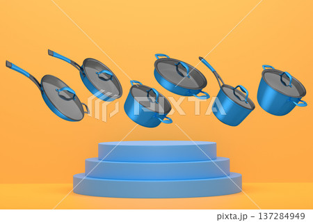 Set of kitchen cookware set with lids floating in midair, over colorfull podium and backdrop, concept of premium utensils 137284949