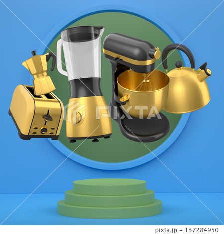 Set of kitchen appliances and utensils floating in mid-air over podium and abstract background, modern cooking concepts Set of kitchen appliances and utensils floating in mid-air over podium and abstract background, modern cooking concepts 137284950