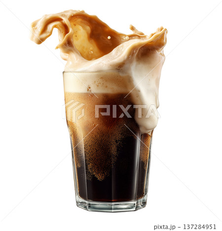 Fizzy dark soda with creamy splash isolated on white background, concept of refreshment and energy 137284951