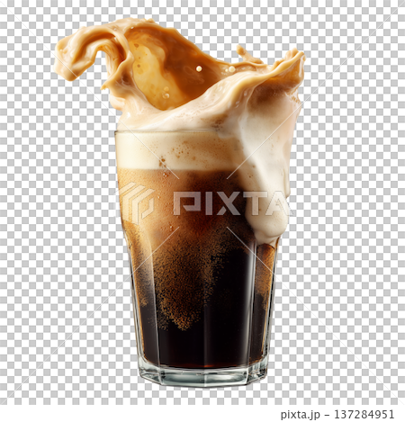 Fizzy dark soda with creamy splash isolated on white background, concept of refreshment and energy 137284951