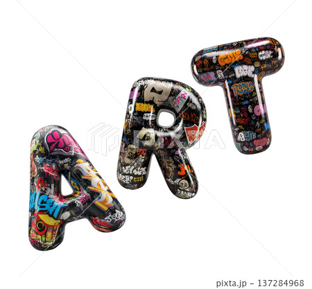 Inflatable letters spelling Art covered in colorful graffiti style isolated on white background, concept of explosive urban art 137284968