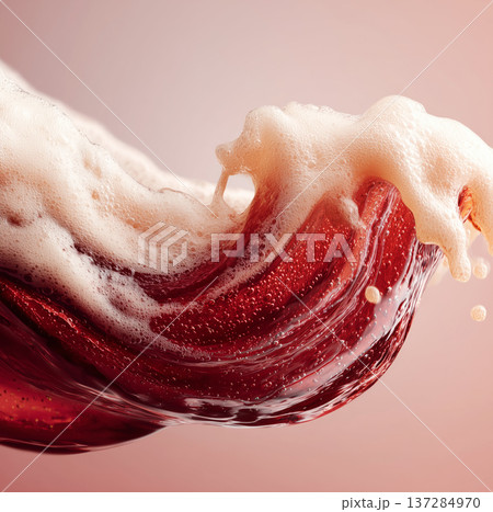 Red beer splash with a mildly overflowing creamy foam twisted on soft pink background, concept of freshness, energy and vitality 137284970