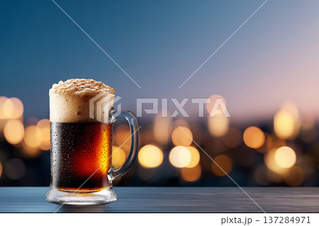 Foamy dark beer mug with blank label on surface with soft bokeh city background, concept of refreshment and leisure Foamy dark beer mug with blank label on surface with soft bokeh city background, concept of refreshment and leisure 137284971