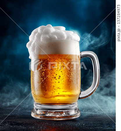 A glass of dark beer with rich foam shown on a dark background, concept of refreshment and craft brewing A glass of dark beer with rich foam shown on a dark background, concept of refreshment and craft brewing 137284973