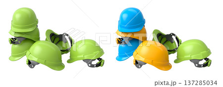 Set of construction safety helmets isolated on white transparent background, symbolizing safety and industry standards 137285034