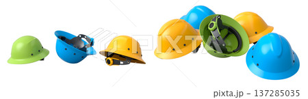 Set of construction safety helmets isolated on white transparent background, symbolizing safety and industry standards 137285035