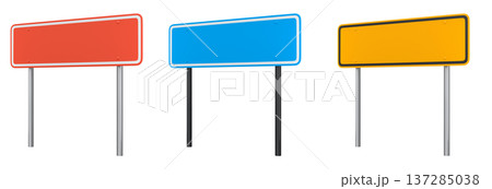 Blank traffic signs with different shapes and colors on metal poles on white background with clipping path, concept of road safety 137285038