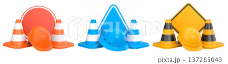 Construction traffic cones and road signs isolated on white background with clipping path, concept of safety gear 137285043