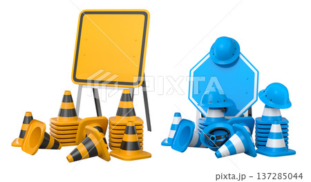 Construction hard hats, traffic cones, and road signs isolated on white background with clipping path, concept of safety gear 137285044
