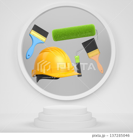 Hard hat, paint brushes and roller brush floating in air over podium on abstract background, renovation and construction tools Hard hat, paint brushes and roller brush floating in air over podium on abstract background, renovation and construction tools 137285046