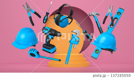 Construction tools and safety equipment floating over podium on abstract background, industrial work and protection concept 137285050