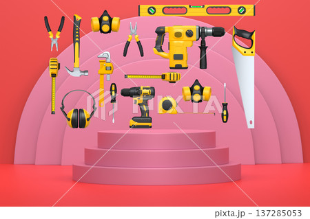 Construction tools and safety equipment floating over podium on abstract background, industrial work and protection concept 137285053