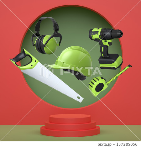 Construction tools and safety equipment floating over podium on abstract background, industrial work and protection concept Construction tools and safety equipment floating over podium on abstract background, industrial work and protection concept 137285056