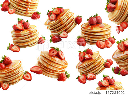 Multiple stacks of pancakes topped with strawberries and raspberries, isolated on white background, concept of breakfast variety Multiple stacks of pancakes topped with strawberries and raspberries, isolated on white background, concept of breakfast variety 137285092