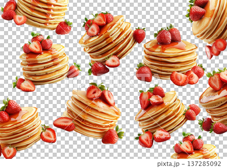 Multiple stacks of pancakes topped with strawberries and raspberries, isolated on white background, concept of breakfast variety Multiple stacks of pancakes topped with strawberries and raspberries, isolated on white background, concept of breakfast variety 137285092