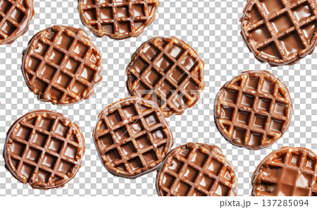 Multiple chocolate covered waffles arranged in a flat lay style isolated on white background, showing a sweet dessert food concept 137285094