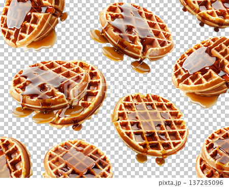 Golden brown waffles stacked and drizzled with syrup, isolated on a white background, concept of breakfast and sweet food 137285096