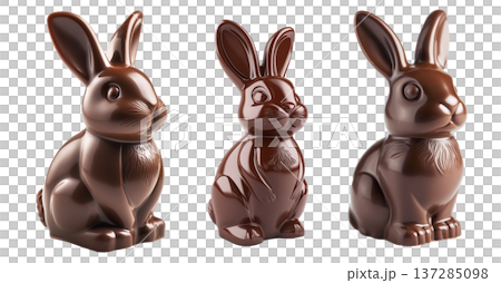 Set of chocolate bunny figurine with glossy surface, isolated on white transparent background. Easter and confectionery concept Set of chocolate bunny figurine with glossy surface, isolated on white transparent background. Easter and confectionery concept 137285098