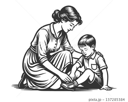Mother Tying Child Shoe in Caring Moment raster 137285384