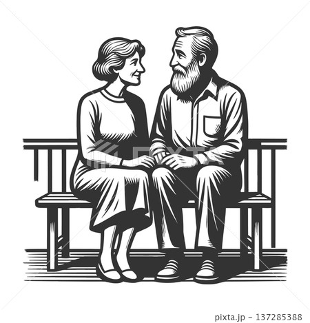 Elderly Couple Sitting Together on Bench raster 137285388
