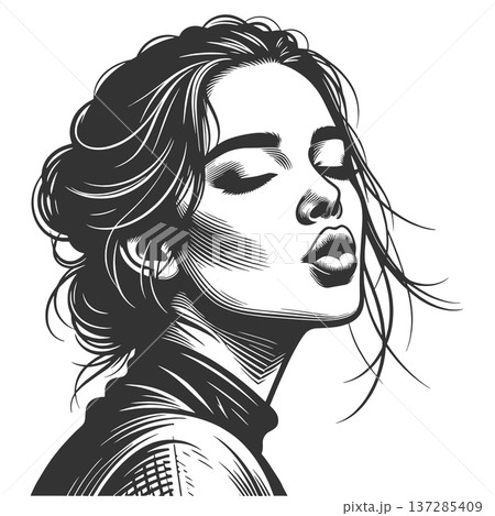 Beautiful Woman Blowing Kiss engraving vector Beautiful Woman Blowing Kiss engraving vector 137285409