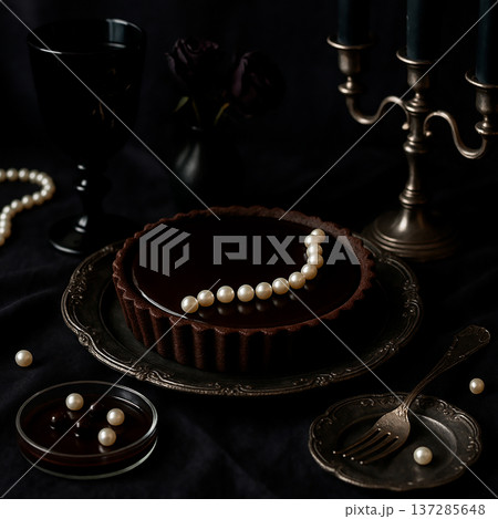 パールの装飾が美しい漆黒のチョコレートタルト 137285648