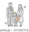 小学校の入学の日に記念写真を撮る若い家族　シンプルでお洒落な線画イラスト 137285714