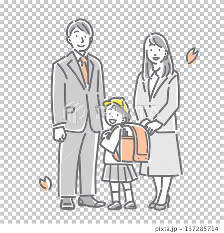 小学校の入学の日に記念写真を撮る若い家族　シンプルでお洒落な線画イラスト 137285714