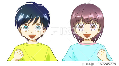 夏服を着て笑顔でガッツポーズをする男の子と女の子のアニメ風イラスト、白バック 夏服を着て笑顔でガッツポーズをする男の子と女の子のアニメ風イラスト、白バック 137285779