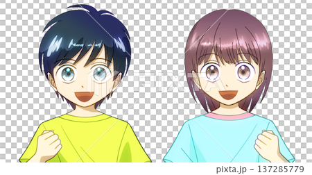 夏服を着て笑顔でガッツポーズをする男の子と女の子のアニメ風イラスト、白バック 夏服を着て笑顔でガッツポーズをする男の子と女の子のアニメ風イラスト、白バック 137285779