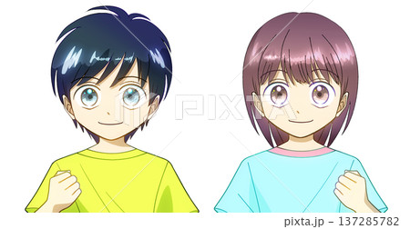 夏服を着て前向きな表情でガッツポーズをする男の子と女の子のアニメ風イラスト、白バック 夏服を着て前向きな表情でガッツポーズをする男の子と女の子のアニメ風イラスト、白バック 137285782